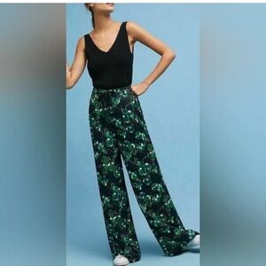 Anthropologie Elevenses Floral Botanical Green Wide Leg Pants, Size 2